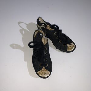 FLY London Sandals Womens 7.5 Black Nubuck Lace Up Slingback Platform Wedge